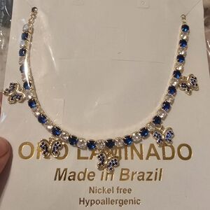 Gold-Tone Blue Crystal Butterfly Necklace - Made in Brazil
